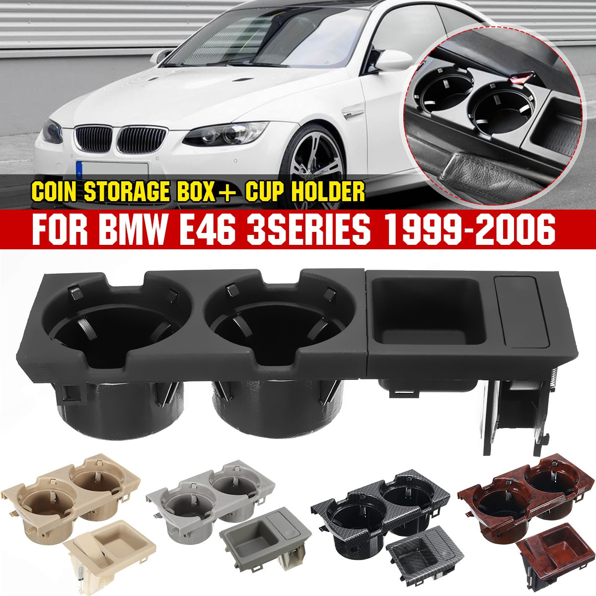 Black Double Hole Car Vehicle Front Center Console Storage Box Coin + Cup Holder for BMW E46 3SERIES 1999-2006 51168217957